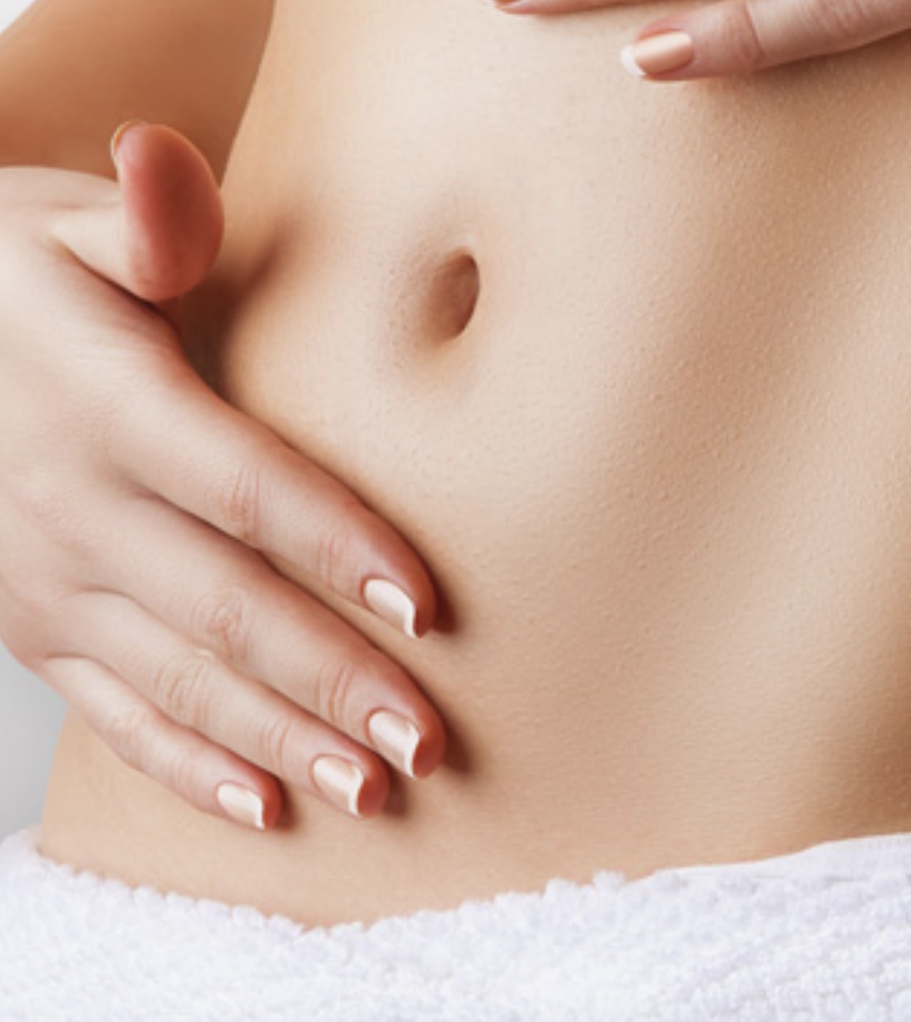 Hands resting on a smooth midsection